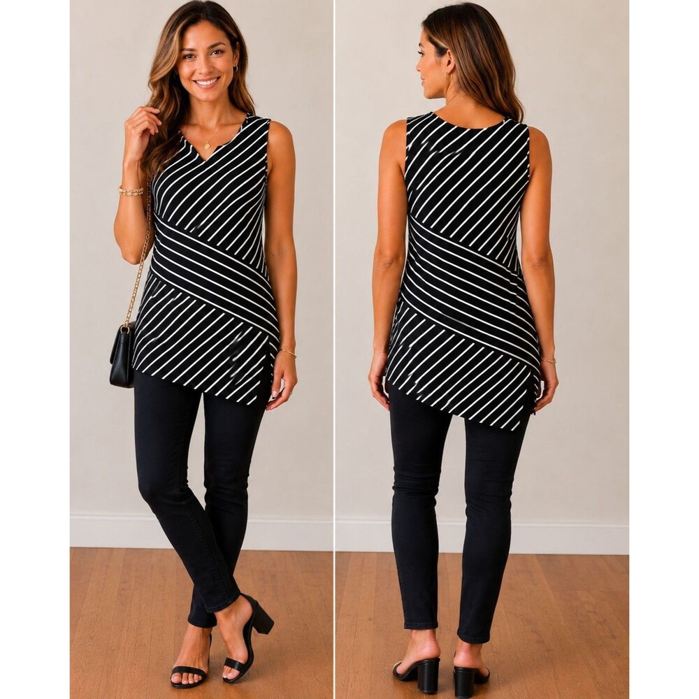 Asymmetrical Sleeveless Black And White Stripe Womens Shirt Size Medium